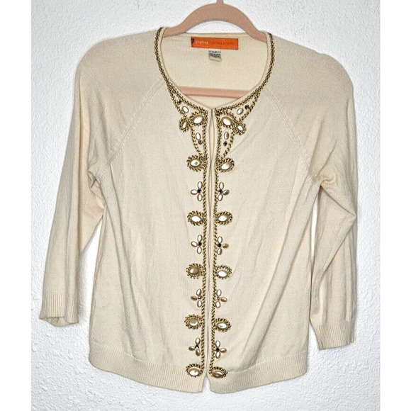 Cynthia Steffe Womens Cardigan Sweater Small Ivory Gold Beaded Knit Silk Blend - Picture 1 of 11